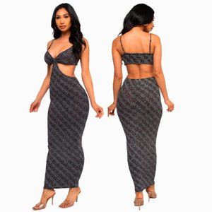Elegant Maxi Dress Greek Key Pattern Glittering Spaghetti Cut Out